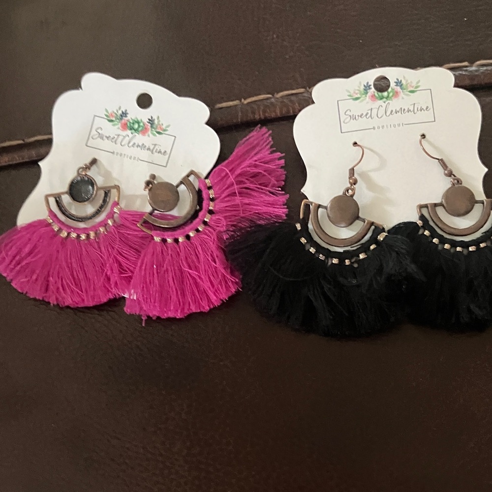Pink & Black Fringe Statement Earrings